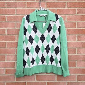 Sportscraft Lorri Argyle Cotton Cashmere Polo Mint Multi Collared Medium